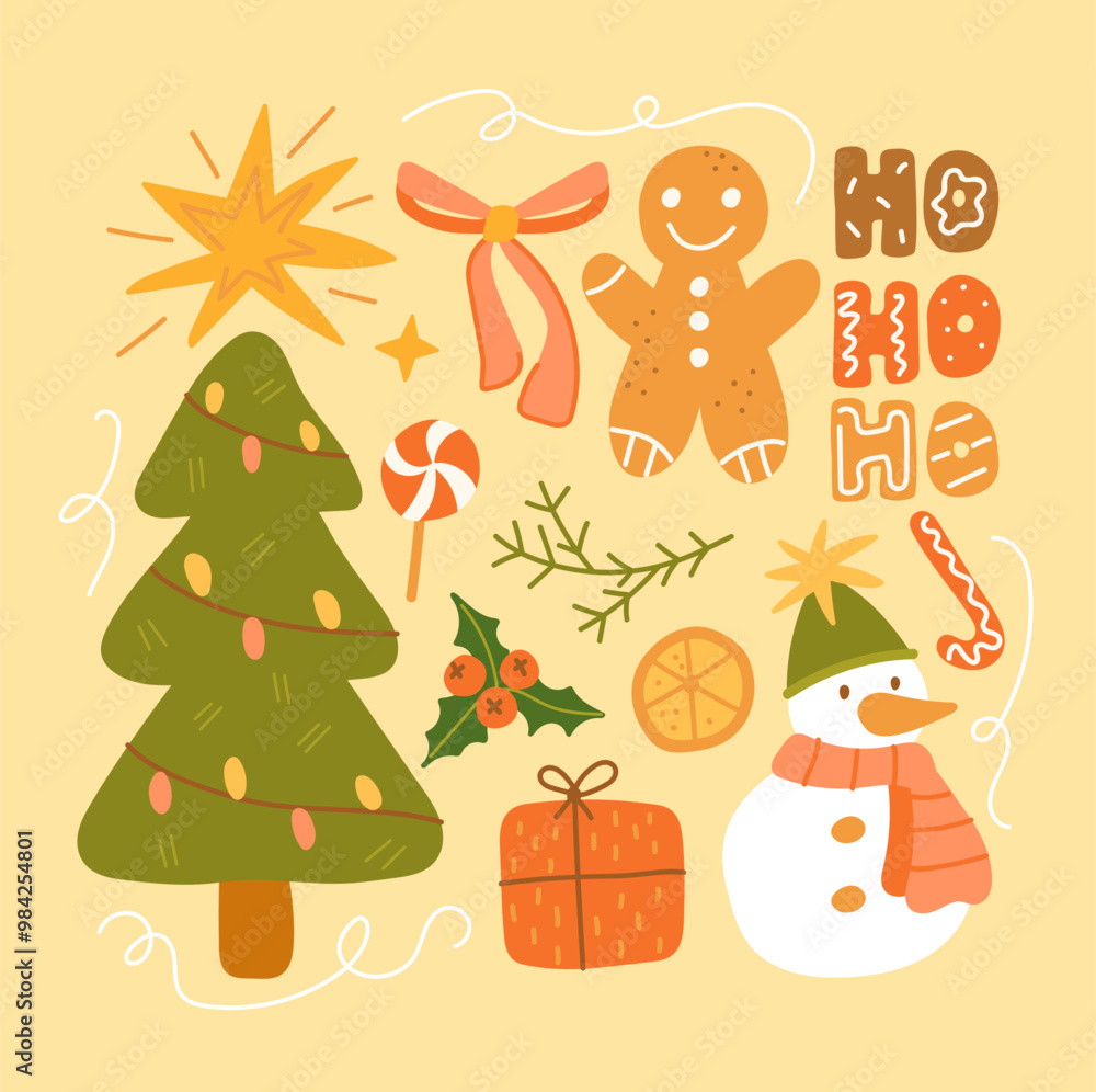 Drawn christmas object in flat style. Set of celebrate elements. The Christmas tree, gift and snowman. Print for t-shirt. Square composition Drawn christmas object in flat style. Set of celebrate elements. The Christmas tree, gift and snowman. Print for t-shirt. Square composition