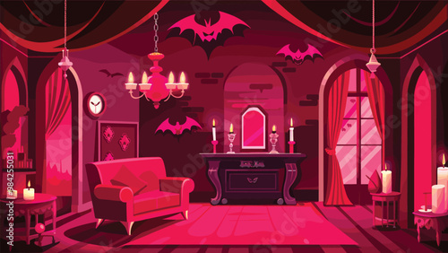Gothic interior with red decor, bats, and candles  spooky animated halloween illustration