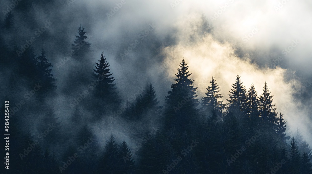 A misty morning in a forest with tall pine trees silhouetted against a bright cloudy sky. A misty morning in a forest with tall pine trees silhouetted against a bright cloudy sky.