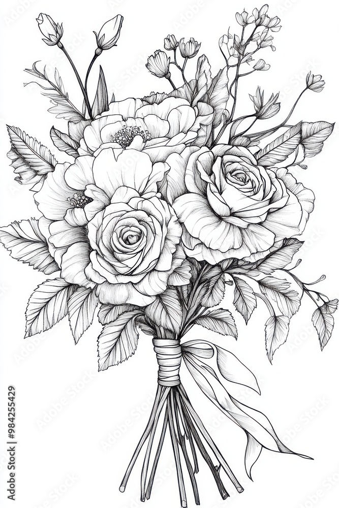 A simple bouquet of flowers in black outline featuring roses, leaves, and soft petals tied A simple bouquet of flowers in black outline featuring roses, leaves, and soft petals tied