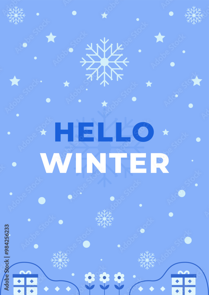 Hello winter poster design with gifts, flowers, and other decorations. Vector illustration. Hello winter poster design with gifts, flowers, and other decorations. Vector illustration.