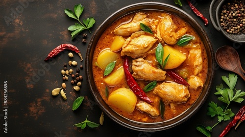 Spicy chicken red curry with potatoes and herbs photo