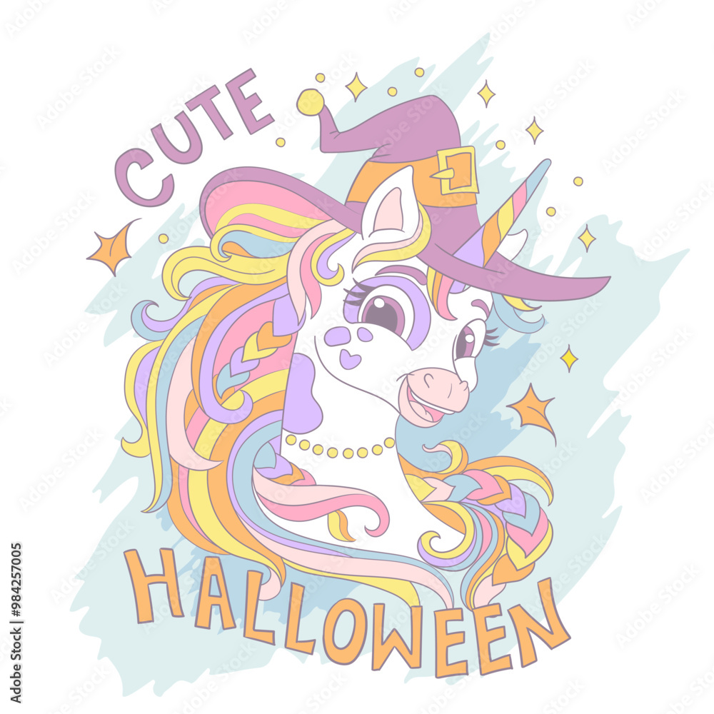 Halloween unicorn in a hat and lettering card vector illustration Halloween unicorn in a hat and lettering card vector illustration