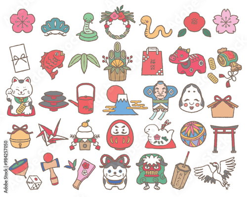 日本のお正月イラストアイコンセット　手描き線画　（巳年）