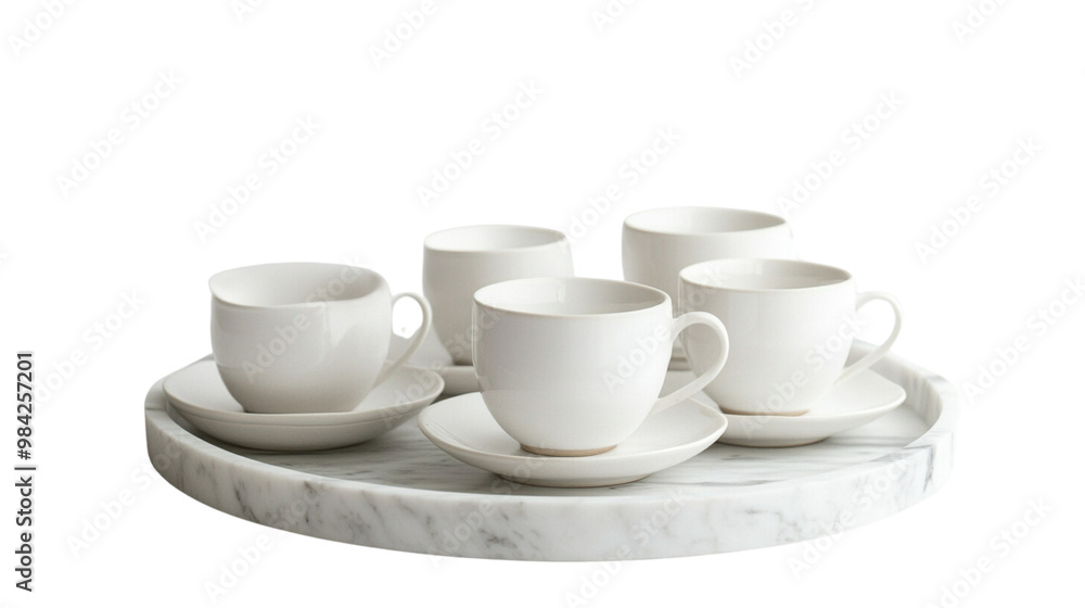 Three white cups and saucers on a marble tray Three white cups and saucers on a marble tray