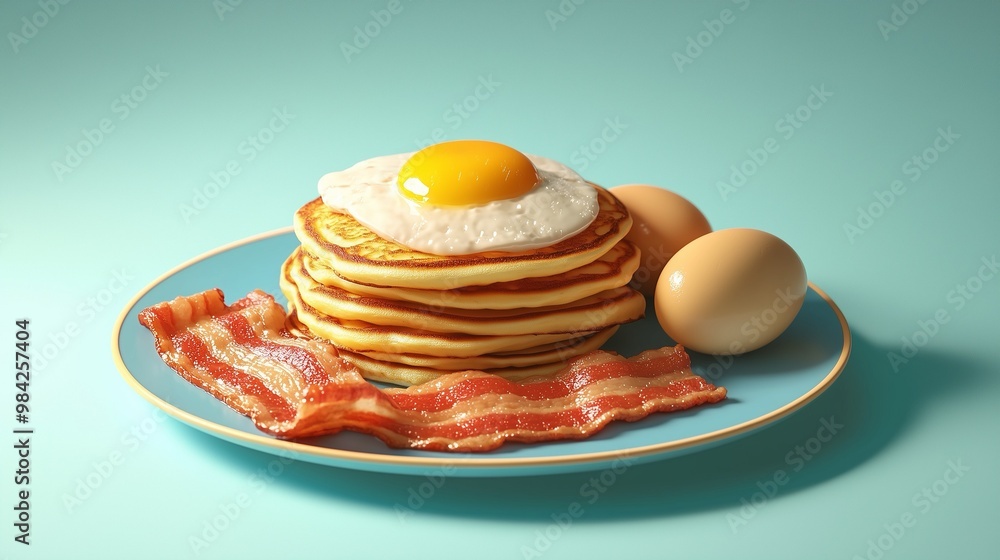 Pancakes with fried egg and crispy bacon