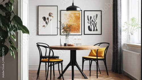 Wallpaper Mural A small, charming dining area with a round wooden table, black metal chairs Torontodigital.ca