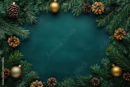 Festive christmas mockup with tinsel. Dark green vintage frame with golden and red ornaments. Blank xmas template with New Year decorations, empty space. Celebration card. Top view. Evergreen tree.