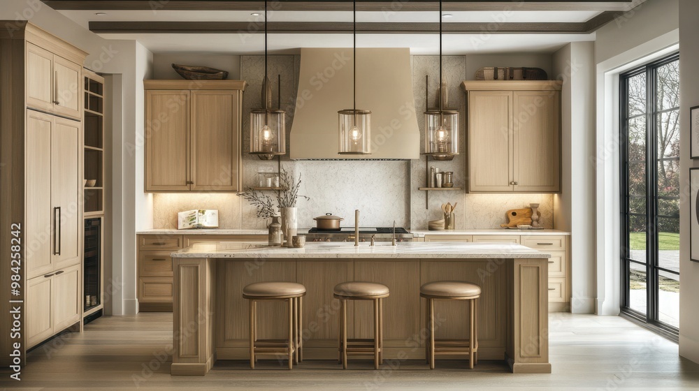 Fototapeta premium A sophisticated kitchen featuring light wood cabinetry, a marble countertop