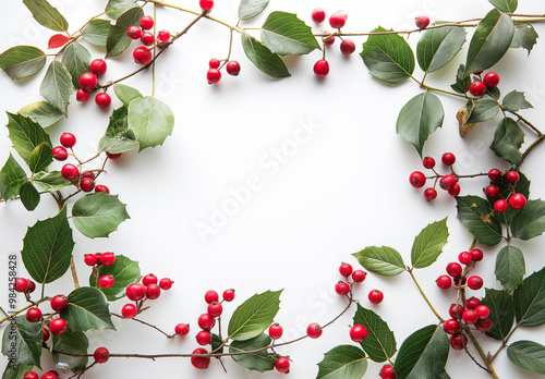 Christmas garland border frame on a white background, with red berries and green leaves, viewed from above