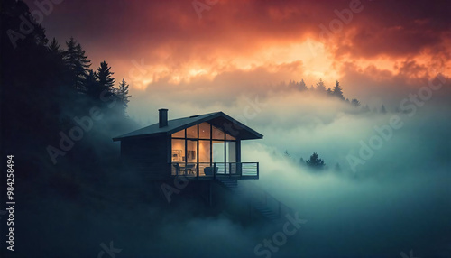 Modern cabin in cloud forest landscape, nature, landscape, forest, modern, cabin, outdoor