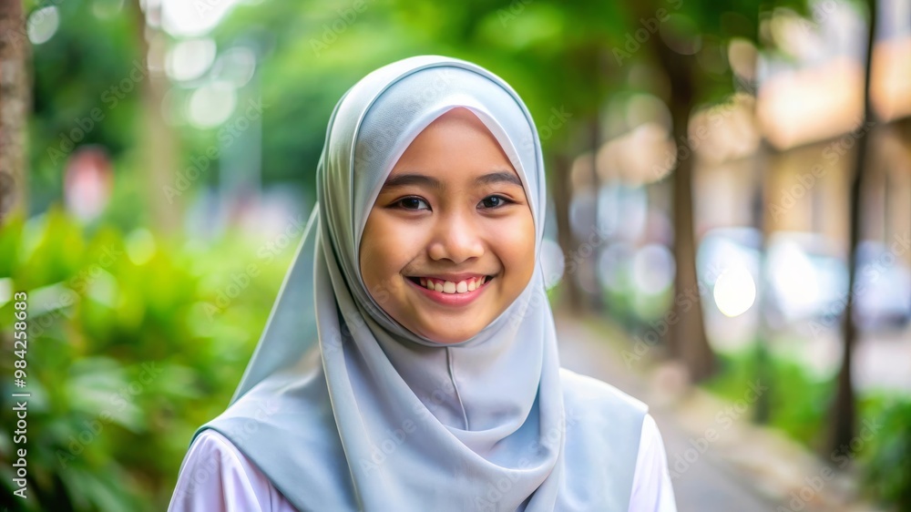 Smiling Cute High School Islamic Indonesian Girl Portrait with Copy Space Smiling Cute High School Islamic Indonesian Girl Portrait with Copy Space