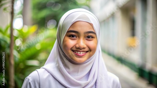 Smiling Cute High School Islamic Indonesian Girl Portrait with Copy Space