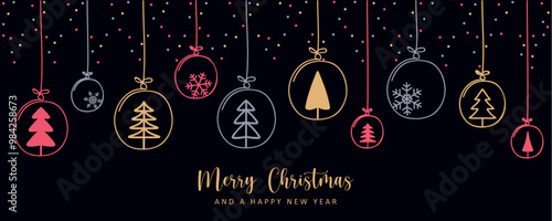 christmas card with fir tree balls hanging decoration vector illustration