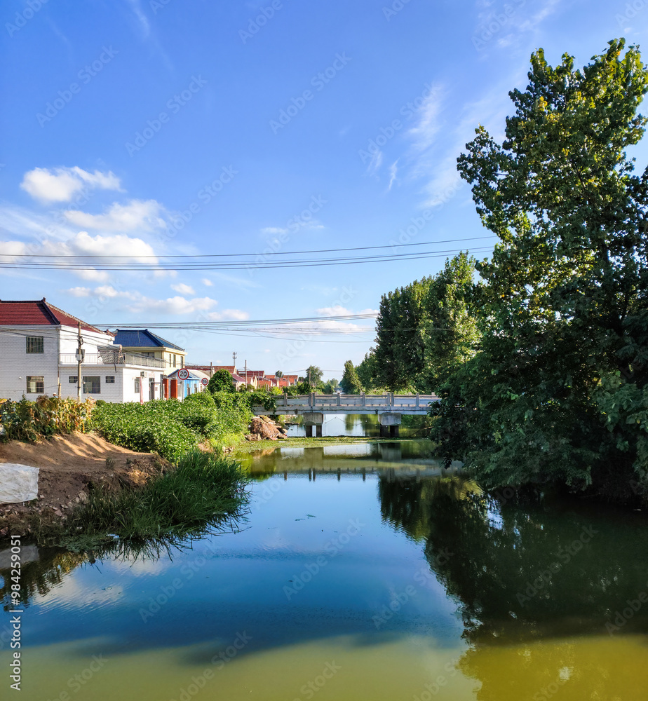 Tranquil Riverside View with Lush Greenery and Blue Sky Tranquil Riverside View with Lush Greenery and Blue Sky