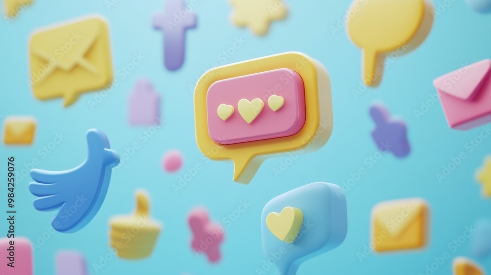 Colorful 3D social media icons floating in the air, including a bird, heart, envelope, and speech bubbles. Colorful 3D social media icons floating in the air, including a bird, heart, envelope, and speech bubbles.