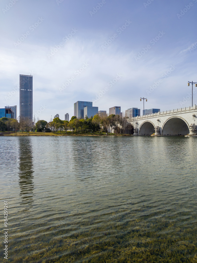 Urban Serenity: A Scenic View of City Bridge and Reflections in Water Urban Serenity: A Scenic View of City Bridge and Reflections in Water