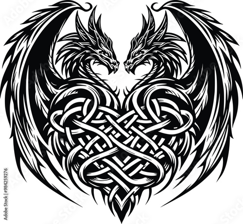 Celtic Dragon vector illustration, two dragon with shape of love, isolated on a white background.