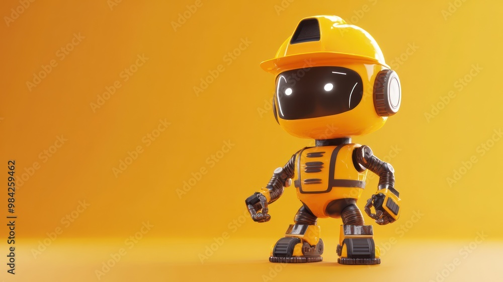 Cute yellow robot wearing a hard hat stands on an orange background. Cute yellow robot wearing a hard hat stands on an orange background.