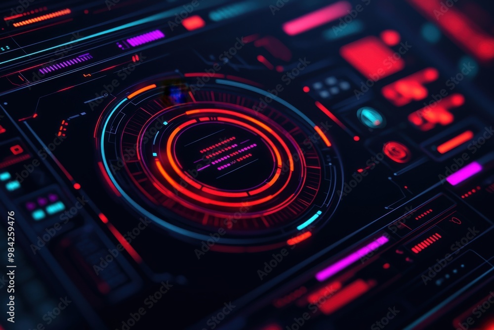 A futuristic interface featuring vibrant neon colors and circular elements, resembling advanced technology or sci-fi controls, Business idea concept. A futuristic interface featuring vibrant neon colors and circular elements, resembling advanced technology or sci-fi controls, Business idea concept.