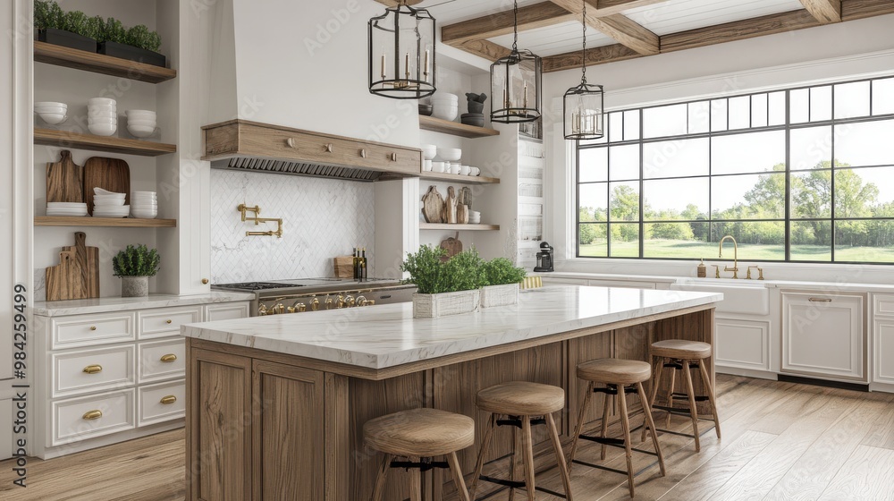 A spacious farmhouse kitchen with a large island featuring a marble countertop and rustic wood A spacious farmhouse kitchen with a large island featuring a marble countertop and rustic wood