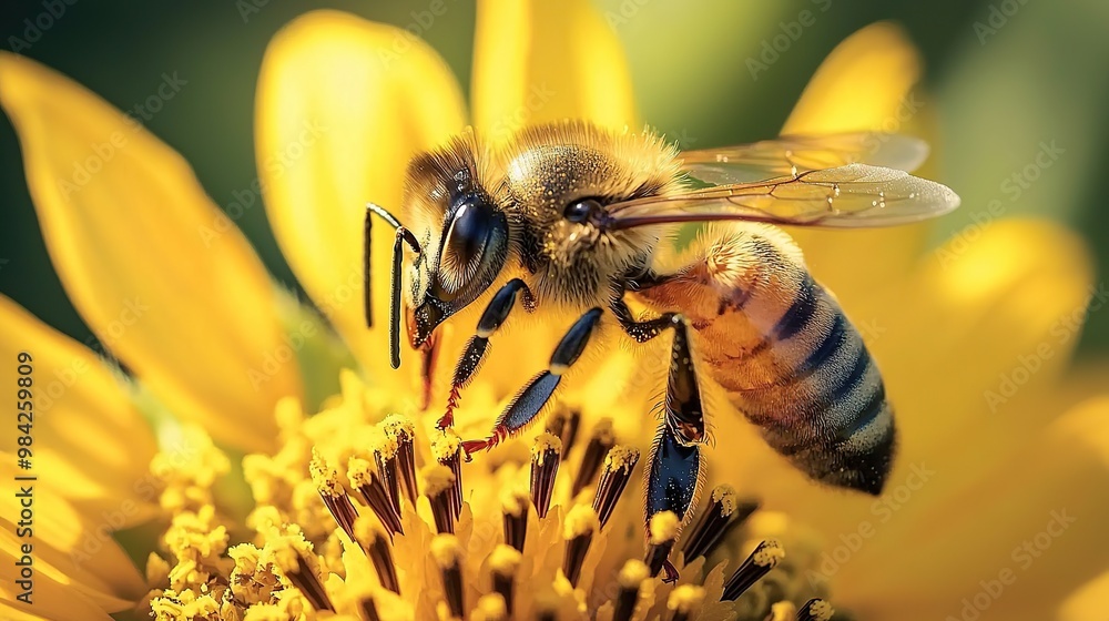 Close-up of a bee collecting pollen from a yellow flower. Close-up of a bee collecting pollen from a yellow flower.