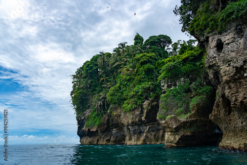 Tropical Island in Panama’s Caribbean Coastline with Lush Greenery, Rugged Cliffs, and Diverse Wildlife Surrounded by Turquoise Ocean Waters – Perfect for Nature and Adventure Photography