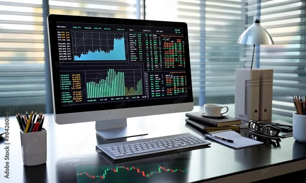 A computer displaying financial data and charts in an office setting. A computer displaying financial data and charts in an office setting.