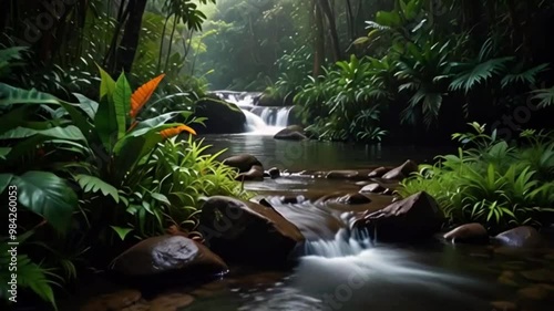 Flowing jungle river with rocks and dense green plants 