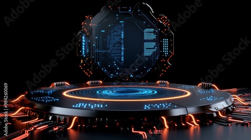 Futuristic interface with illuminated elements and high-tech design, perfect for sci-fi projects and digital media. photo