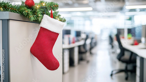 A festive red stocking hangs on modern office cubicle, adorned with greenery and holiday decorations, bringing cheerful atmosphere to workspace