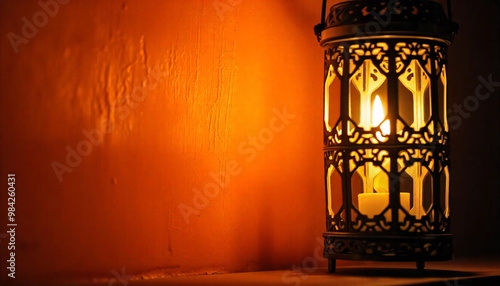 Ornamental Arabic lantern with burning candle glowing at night, ai generated background