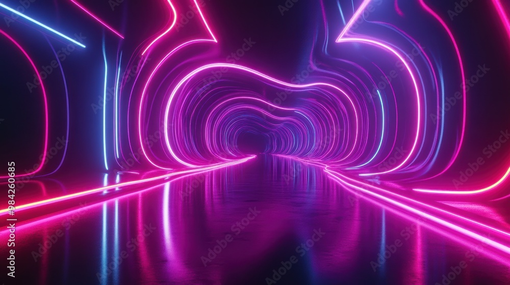 Abstract neon tunnel with pink and blue glowing lights. Abstract neon tunnel with pink and blue glowing lights.