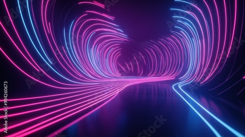 Abstract neon light tunnel with pink and blue glowing lines on a dark background.