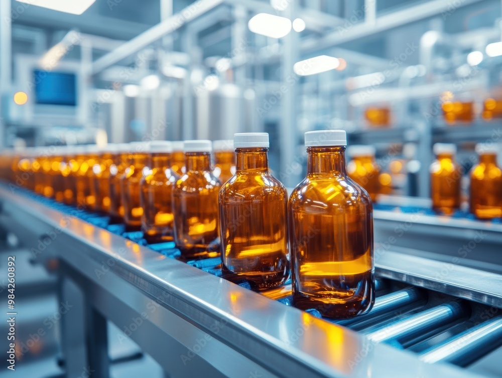 A close-up view of a conveyor belt transporting glass bottles in a clean and modern bottling plant A close-up view of a conveyor belt transporting glass bottles in a clean and modern bottling plant