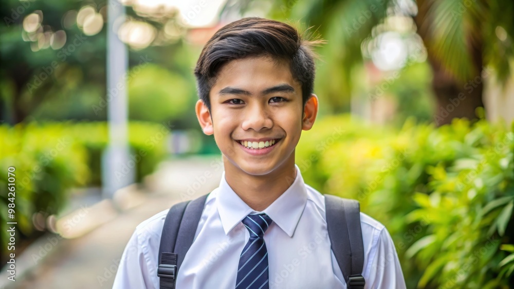 Smiling Cute Indonesian High School Boy Portrait with Copy Space Smiling Cute Indonesian High School Boy Portrait with Copy Space