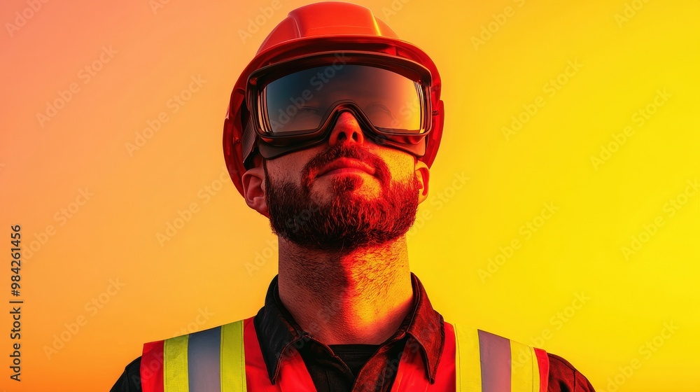 A construction worker in a hard hat and safety glasses poses confidently against a vibrant sunset backdrop, Business idea concept. A construction worker in a hard hat and safety glasses poses confidently against a vibrant sunset backdrop, Business idea concept.