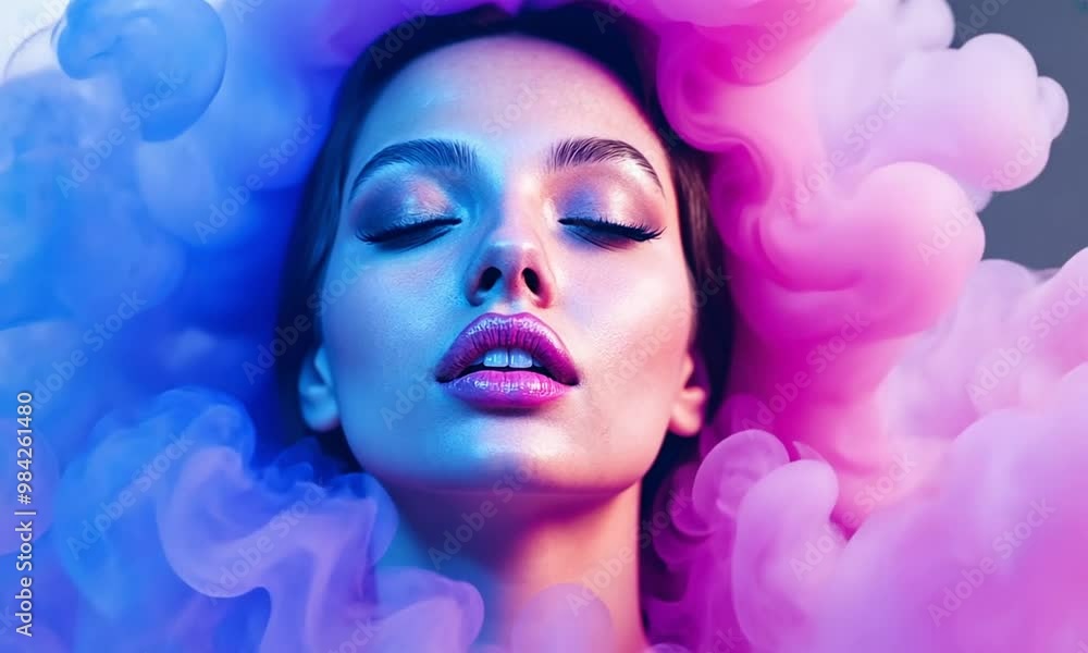 A serene portrait of a woman surrounded by colorful, soft clouds, evoking tranquility. A serene portrait of a woman surrounded by colorful, soft clouds, evoking tranquility.