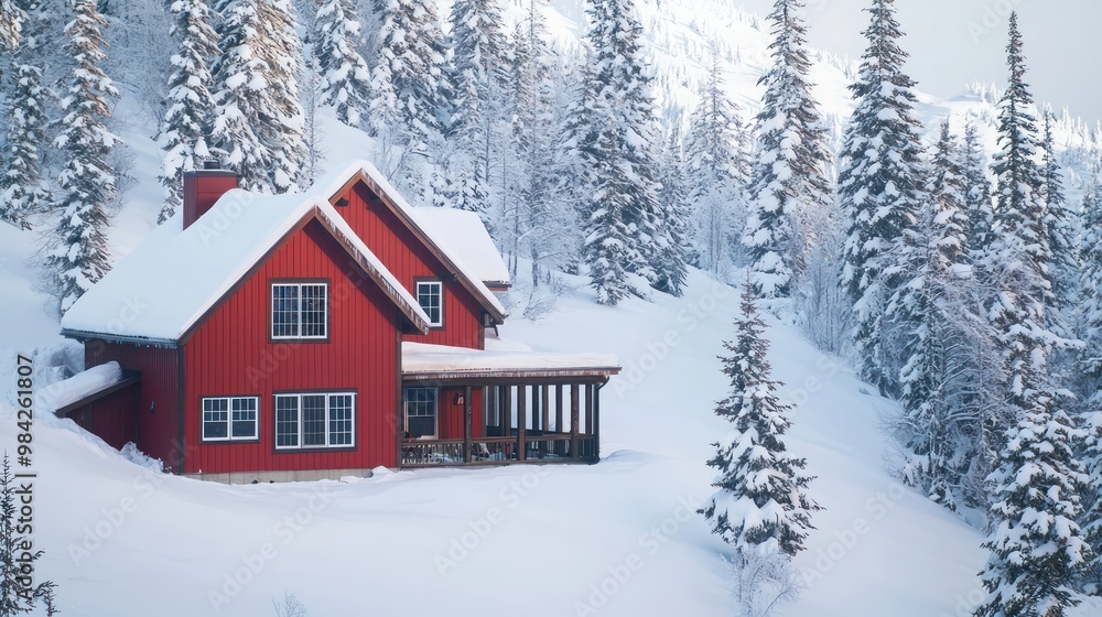 Naklejka premium A cozy ski lodge with James Hardie siding in deep red, nestled against a backdrop of snow-covered trees, showing its insulation properties and winter appeal