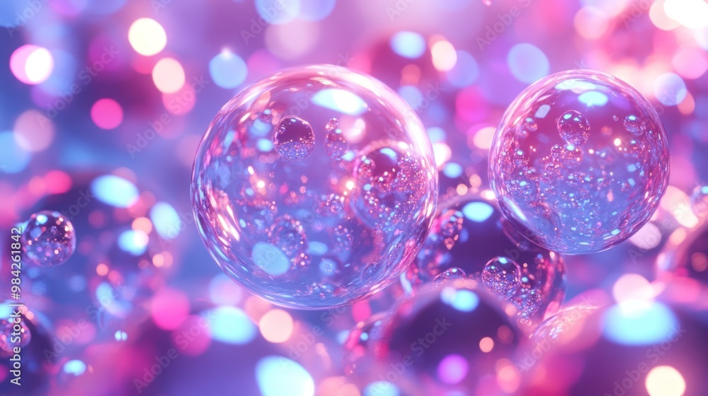 Abstract background with iridescent, transparent spheres and bokeh lights in pink and blue hues. Abstract background with iridescent, transparent spheres and bokeh lights in pink and blue hues.
