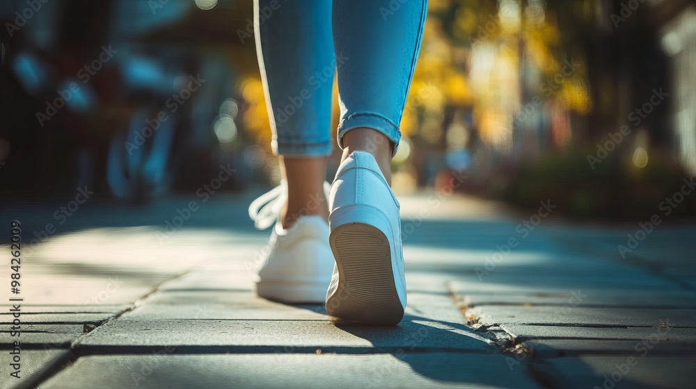 A woman wearing white sneakers walks along a sidewalk. A woman wearing white sneakers walks along a sidewalk.