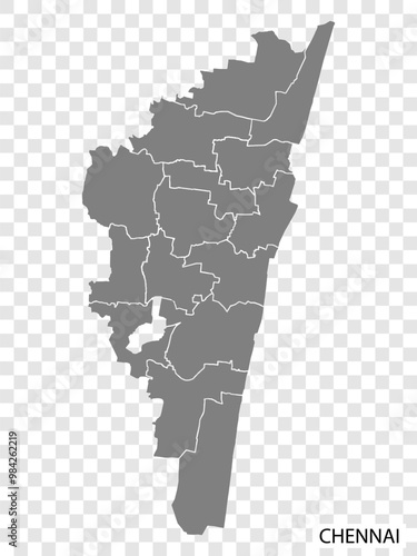 High Quality map of Chennai is a city of India, with borders of the regions. Map of Chennai for your web site design, app, UI. EPS10.