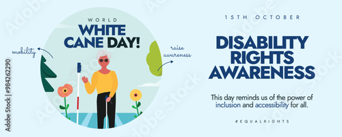 World white cane day 15th October cover banner, post. Cane day cover banner with a visually impaired man holding cane stick. The day raise awareness, achievements of blind and visually impaired people