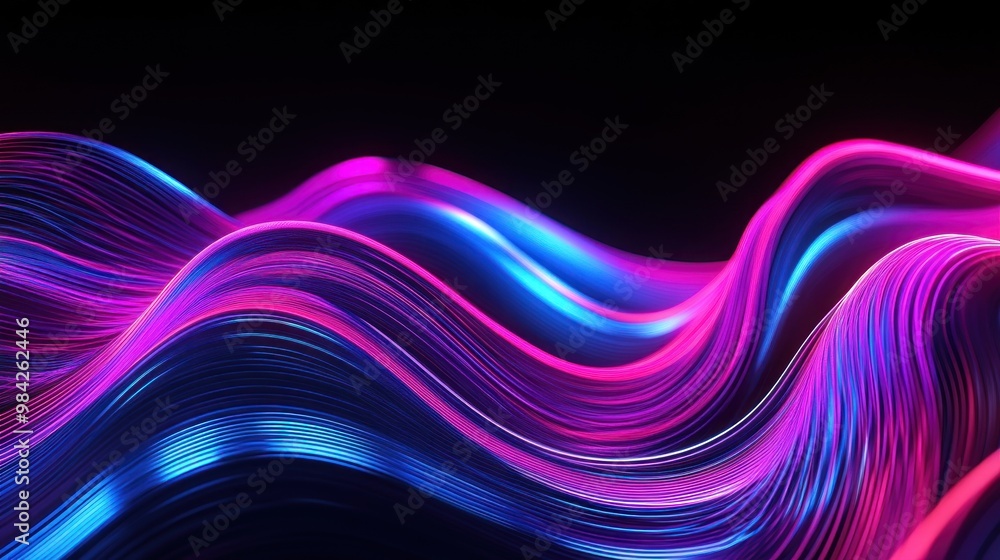 Naklejka premium Abstract digital wave with pink and blue neon lights on black background.