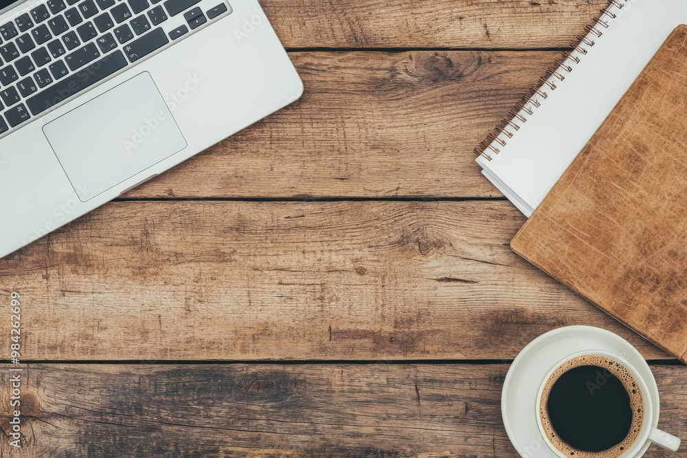 A workspace scene featuring a laptop, notebook, and a cup of coffee on a rustic wooden surface, ideal for productivity and creative thinking, Business idea concept. A workspace scene featuring a laptop, notebook, and a cup of coffee on a rustic wooden surface, ideal for productivity and creative thinking, Business idea concept.