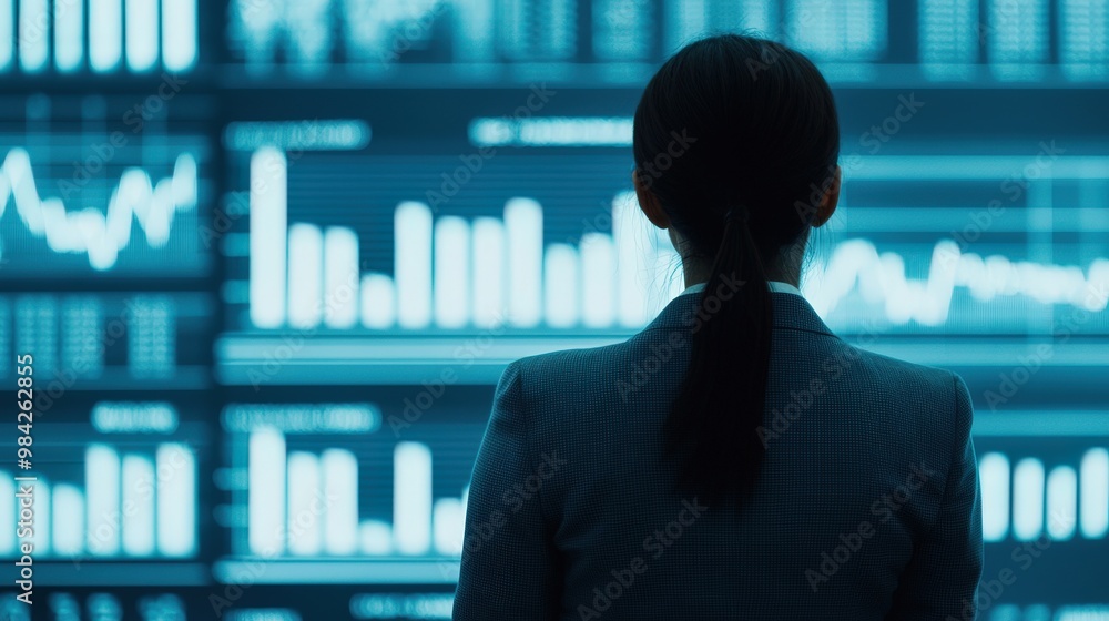 A professional looking at digital data analytics displayed on a large screen, symbolizing finance, technology, and business insights, Business idea concept. A professional looking at digital data analytics displayed on a large screen, symbolizing finance, technology, and business insights, Business idea concept.