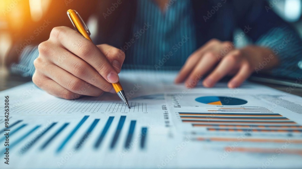 A person is analyzing financial charts and data, using a pen to take notes on a report featuring various graphs, Business idea concept. A person is analyzing financial charts and data, using a pen to take notes on a report featuring various graphs, Business idea concept.