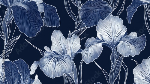 Elegant seamless pattern featuring iris flowers suitable for invitations cards prints gift wrap manufacturing textiles fabrics and wallpapers Created in a continuous line art style #984263046