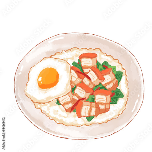 Crispy pork with basil and fried egg illustration