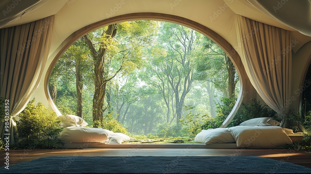 panoramic window in a big tent with a forest view panoramic window in a big tent with a forest view